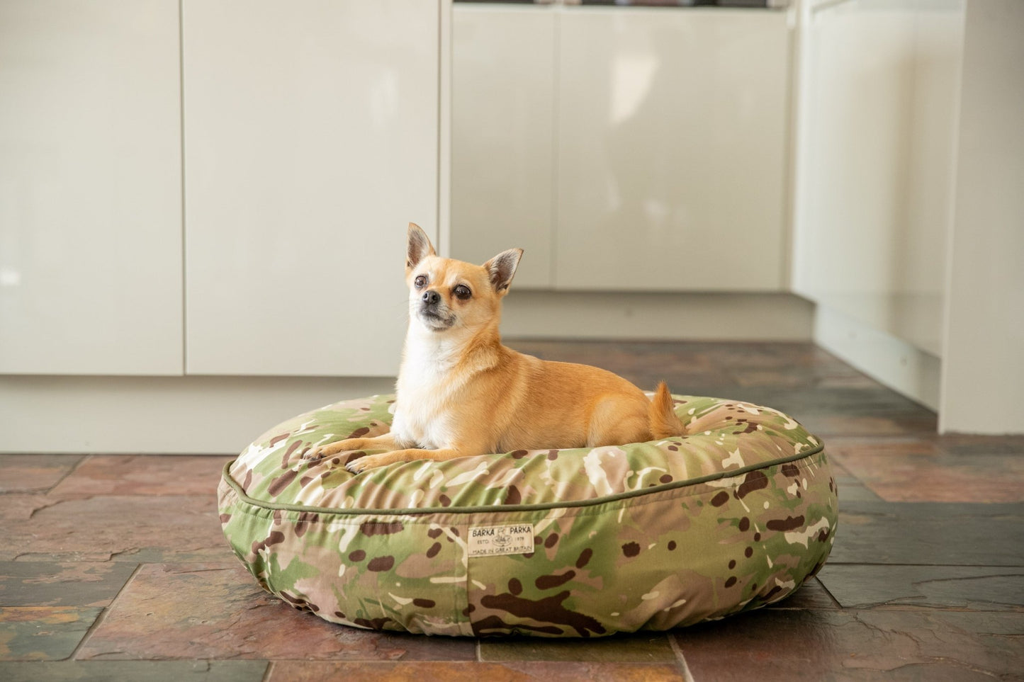Barka Parka Dog Bed - Camo and olive piping - Barka Parka Dog Beds