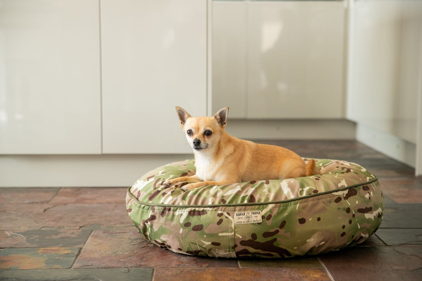 Barka Parka Dog Bed - Camo and olive piping - Barka Parka Dog Beds